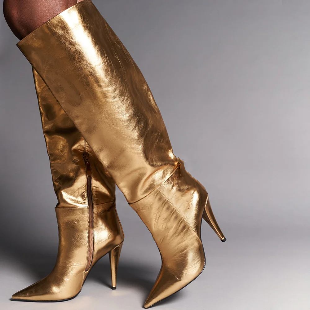 Gold Pointed Toe Boots Side Zip Knee High Boots
