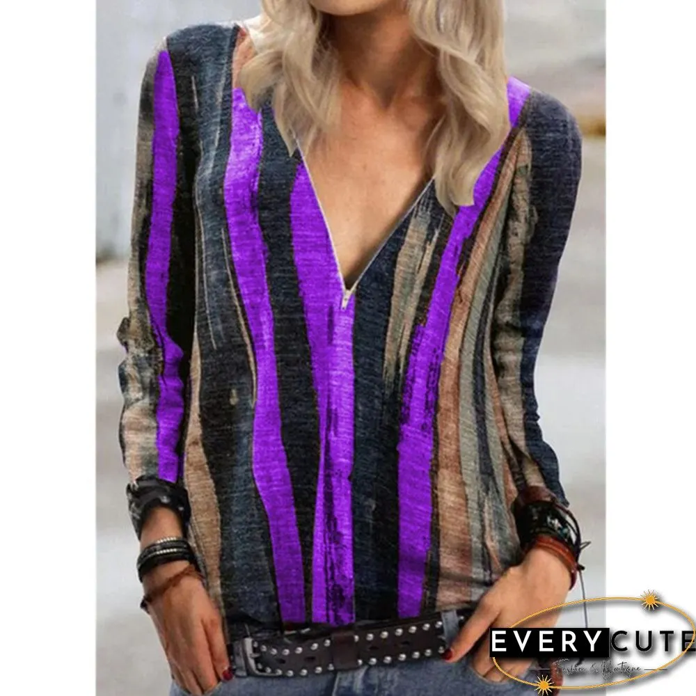 Womens Fashion Casual Zipper Long Sleeve Blouse Ladies Female Printing Loose Shirt Plus