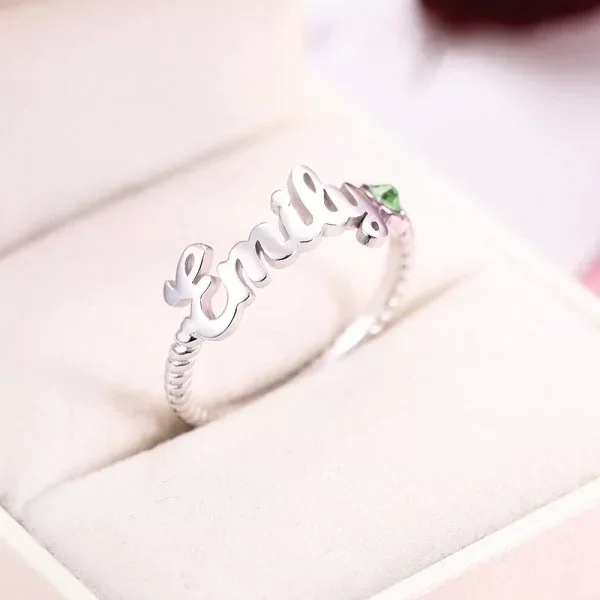 Personalized Name Ring with Birthstone Rope Band Ring for Women