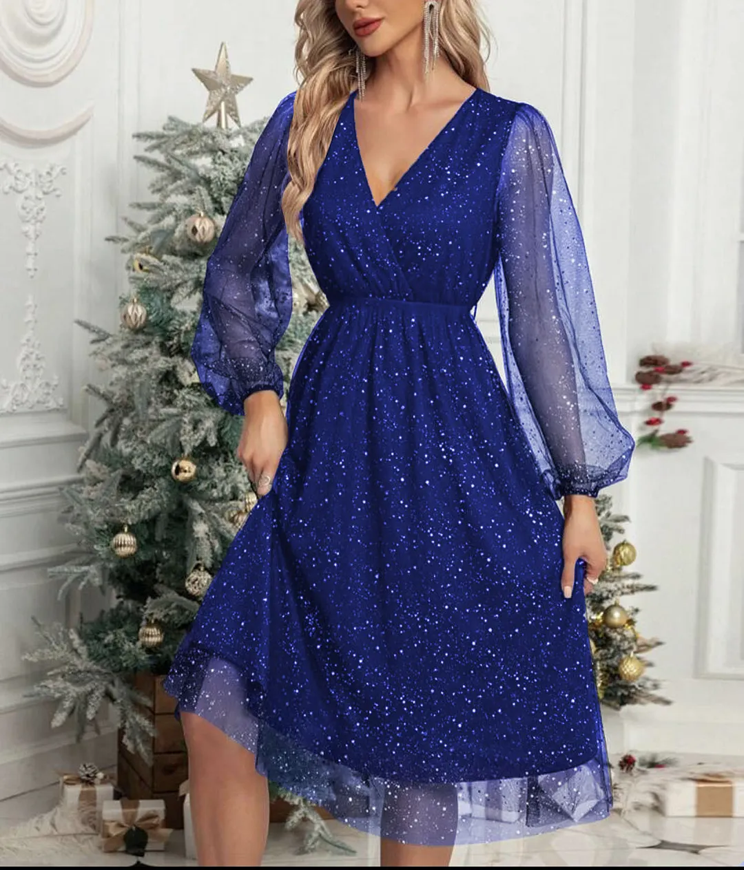 Churchf Churchf New V-Collar Elegant Slim Solid Color Stitching Mesh Perspective Sprinkling Powder Dress Female