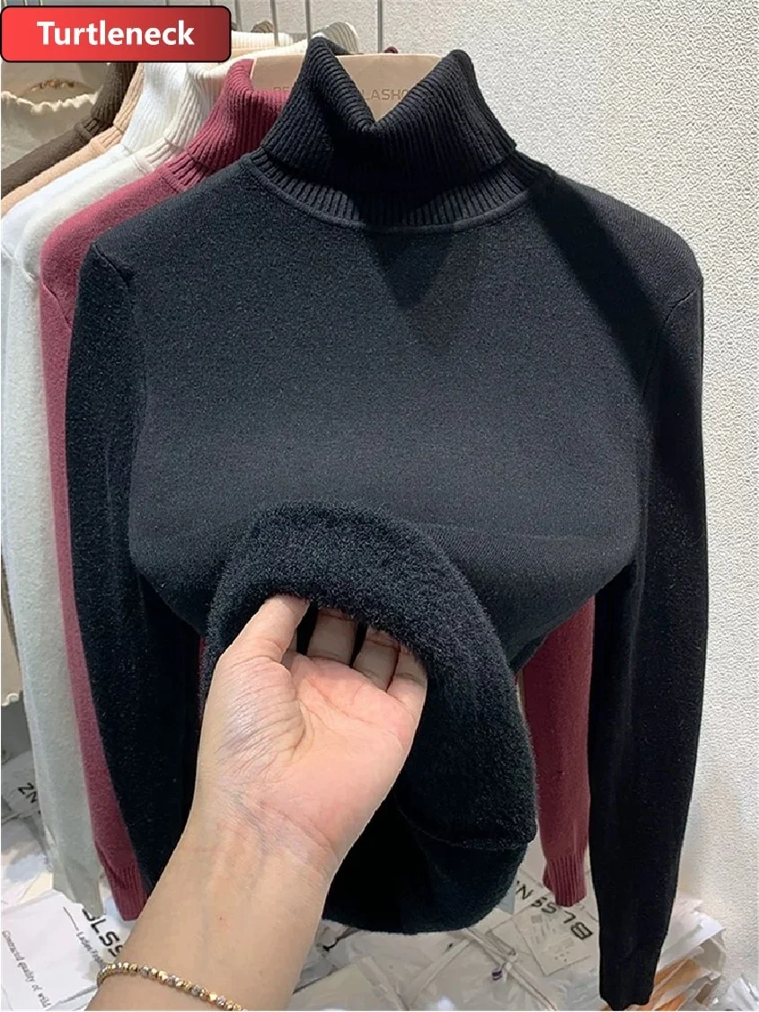 Uveng Warm Sweater Pullover Women Slim Thicken Plush Velvet Lined Knitwear Jumper Korean Half Turtleneck Poleras Soft Knit Tops