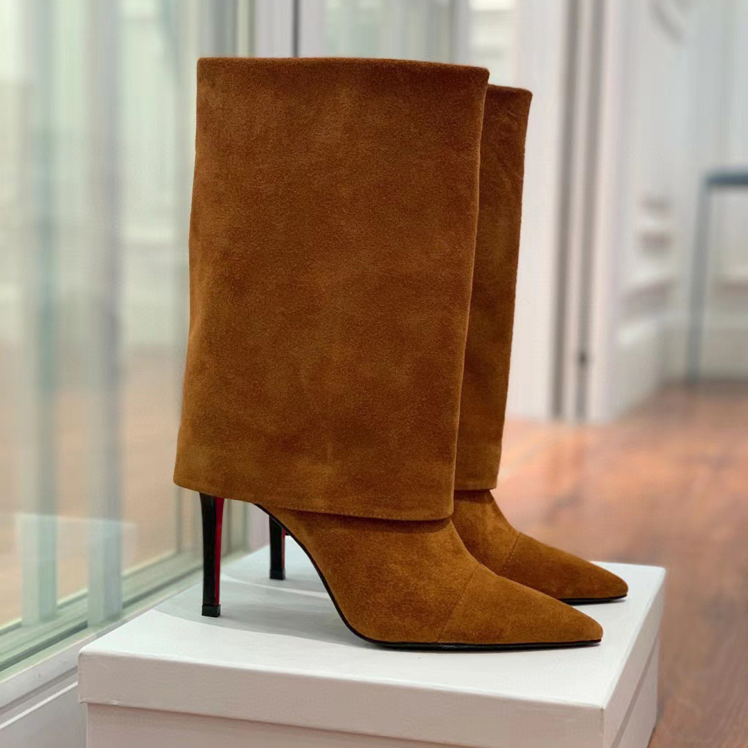 100mm Women's Pointed Toe Stiletto Heel Red Bottom Ankle Boots Suede Boots-MERUMOTE