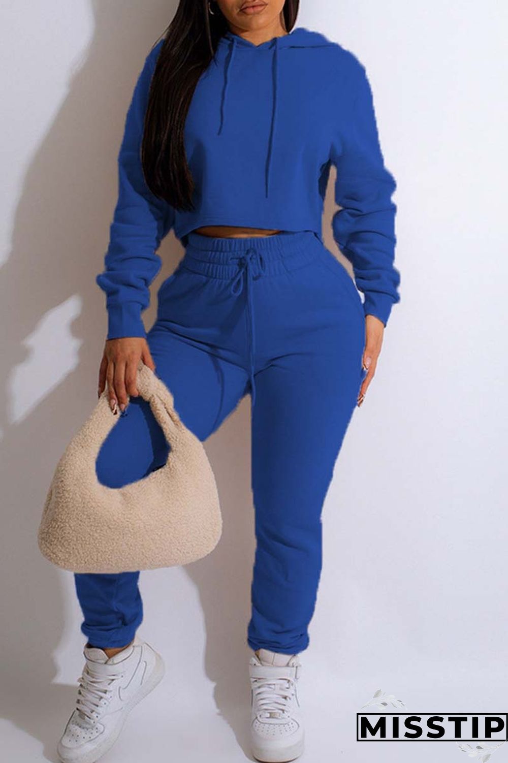 Blue Casual Solid Basic Hooded Collar Long Sleeve Two Pieces