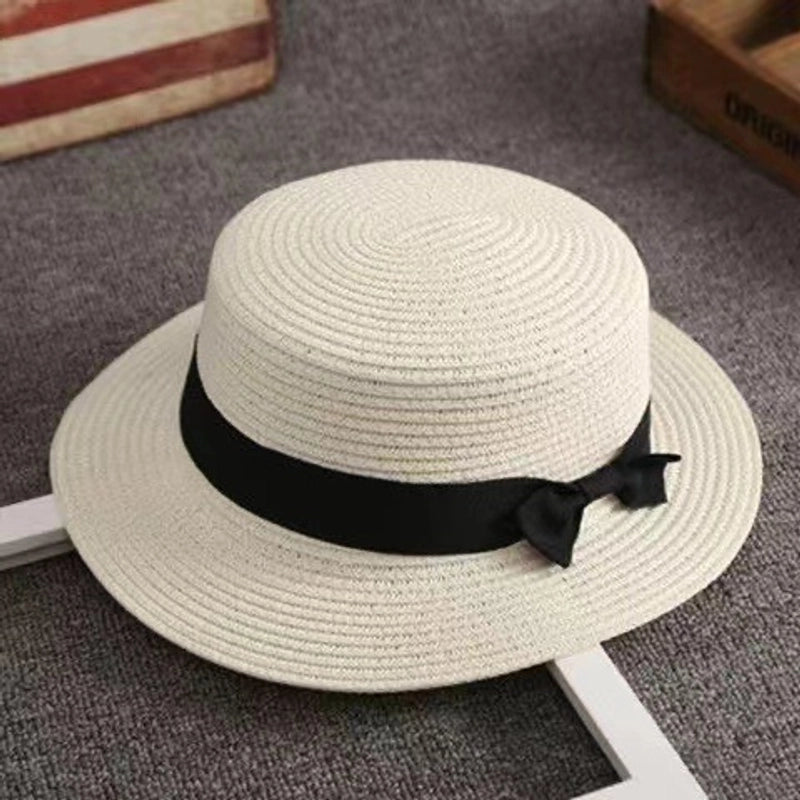 Straw Hat Summer Travel Bow Big Flat Top Hat Sunshade Sun Protection Retro Small Top Hat Beach Hat