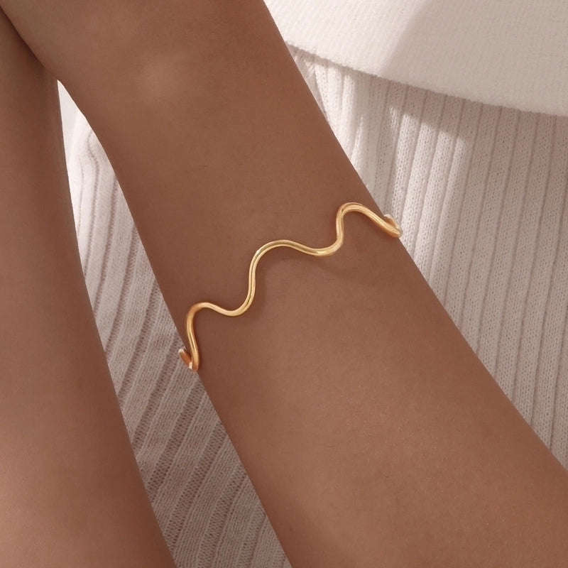 IG Style Minimalist Waves 304 Stainless Steel 18K Gold Plated Bangle Earrings Necklace