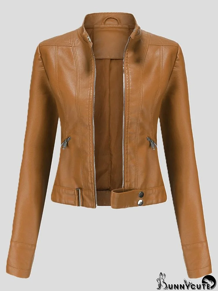 Women's Jackets Short Stand-Up Collar Zipped Leather Jacket