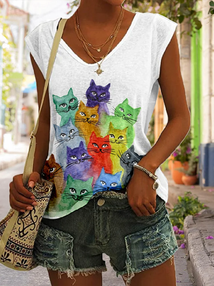 Women's Cute Cats Painting For Cat Lover  Cap Sleeve T-Shirt
