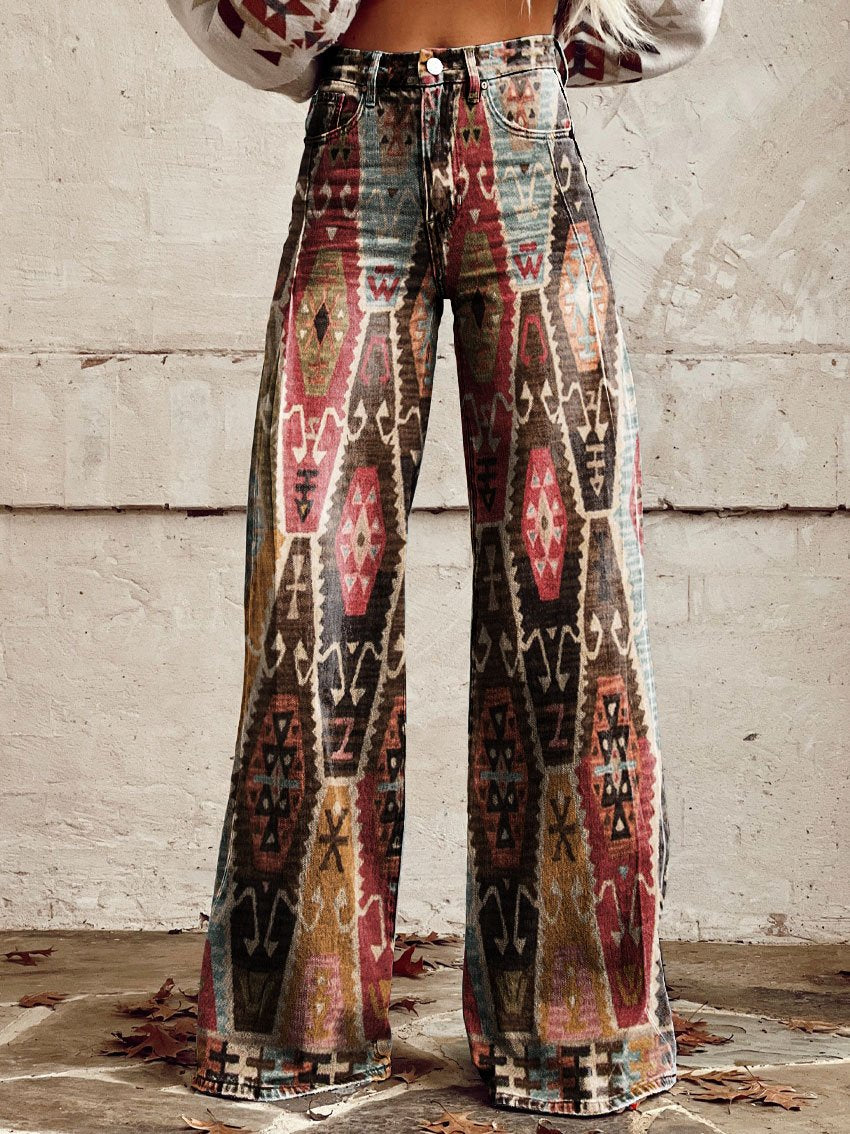 Women's Vintage Print Casual Wide Leg Pants
