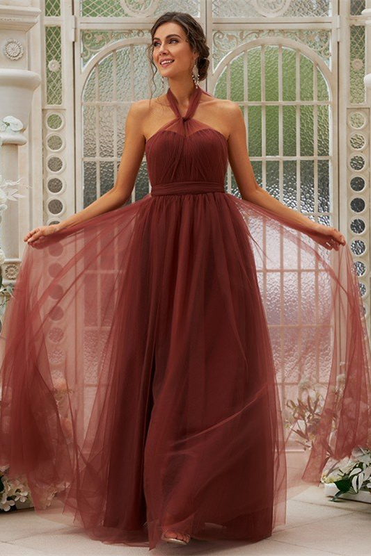 Halter Tulle Long Bridesmaid Dress
