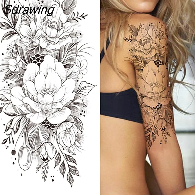 Sdrawing Flower Tiger Temporary Tattoos Sexy Women Body Arm Art Diamond Henna Mandala Waterproof Character Fake Girl Tatoo Sticker