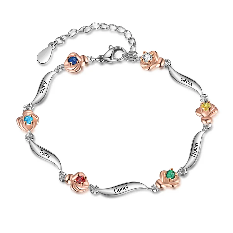 5 Names-Personalized Flower Bracelet With 5 Birthstones Custom Names Bracelet Gift For Women
