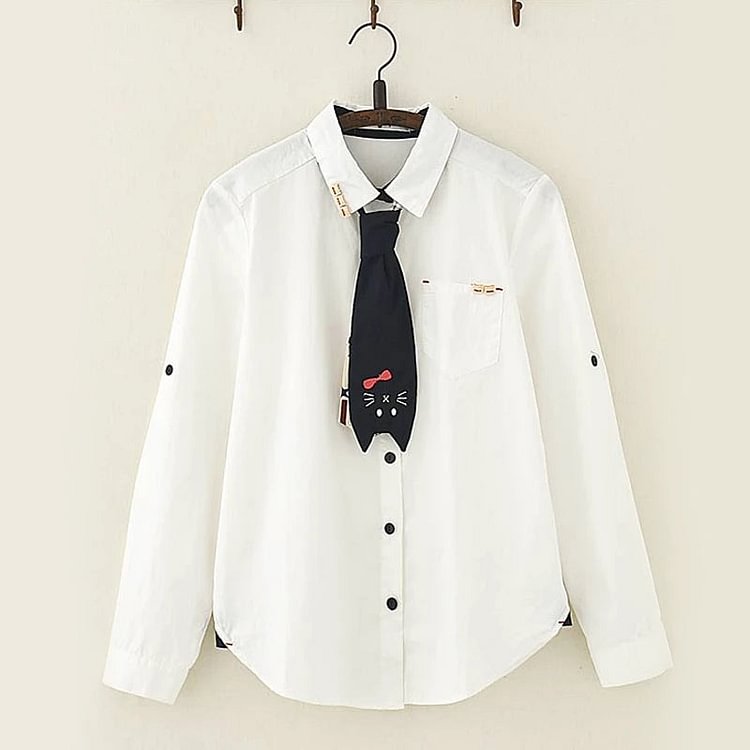 Cat Tie Wooden Buckle Shirt