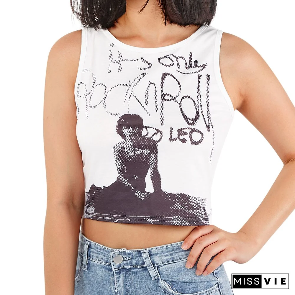 Women Trendy Portrait Letter Printed Tank Tops Summer Vest Female Round Neck Sleeveless Slim Fit Crop Tops