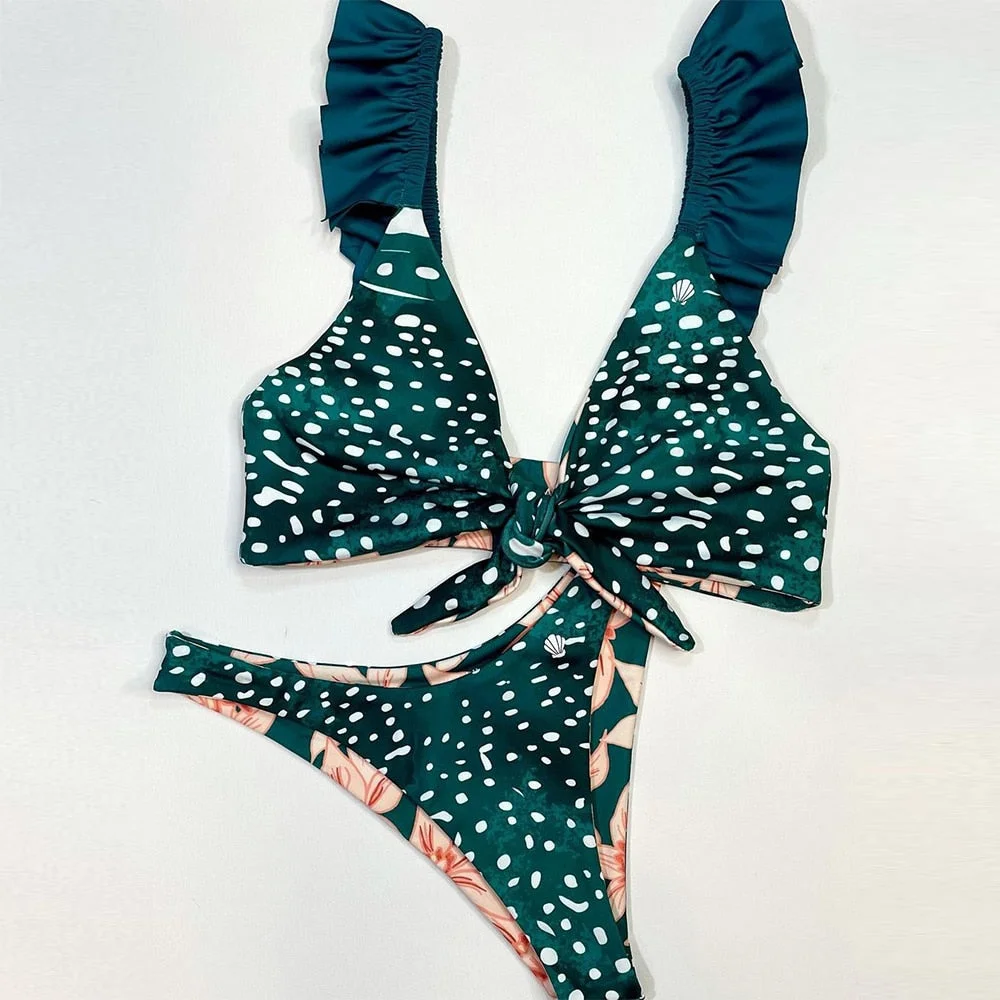 Ruffled Bikini Set 2020 Sexy Flounce Biquini Swimwear Women Swimming pants Swimsuit Floral Beachwear V-neck Bathing Suit