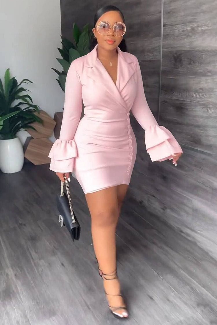 Ruffle Long Sleeve V Neck Bodycon Mini Dresses