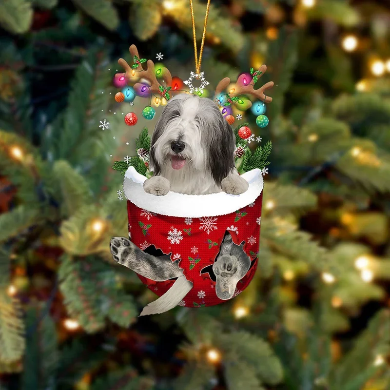 Bearded Collie In Snow Pocket Christmas Ornament trabladzer