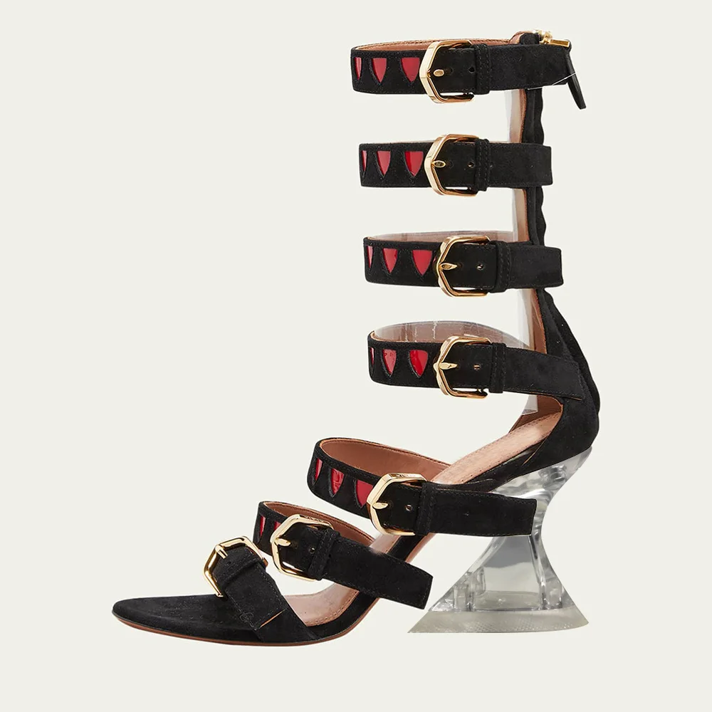 Black Open Toe 3'' Flared Heel Gladiator Sandals with Buckle Nicepairs