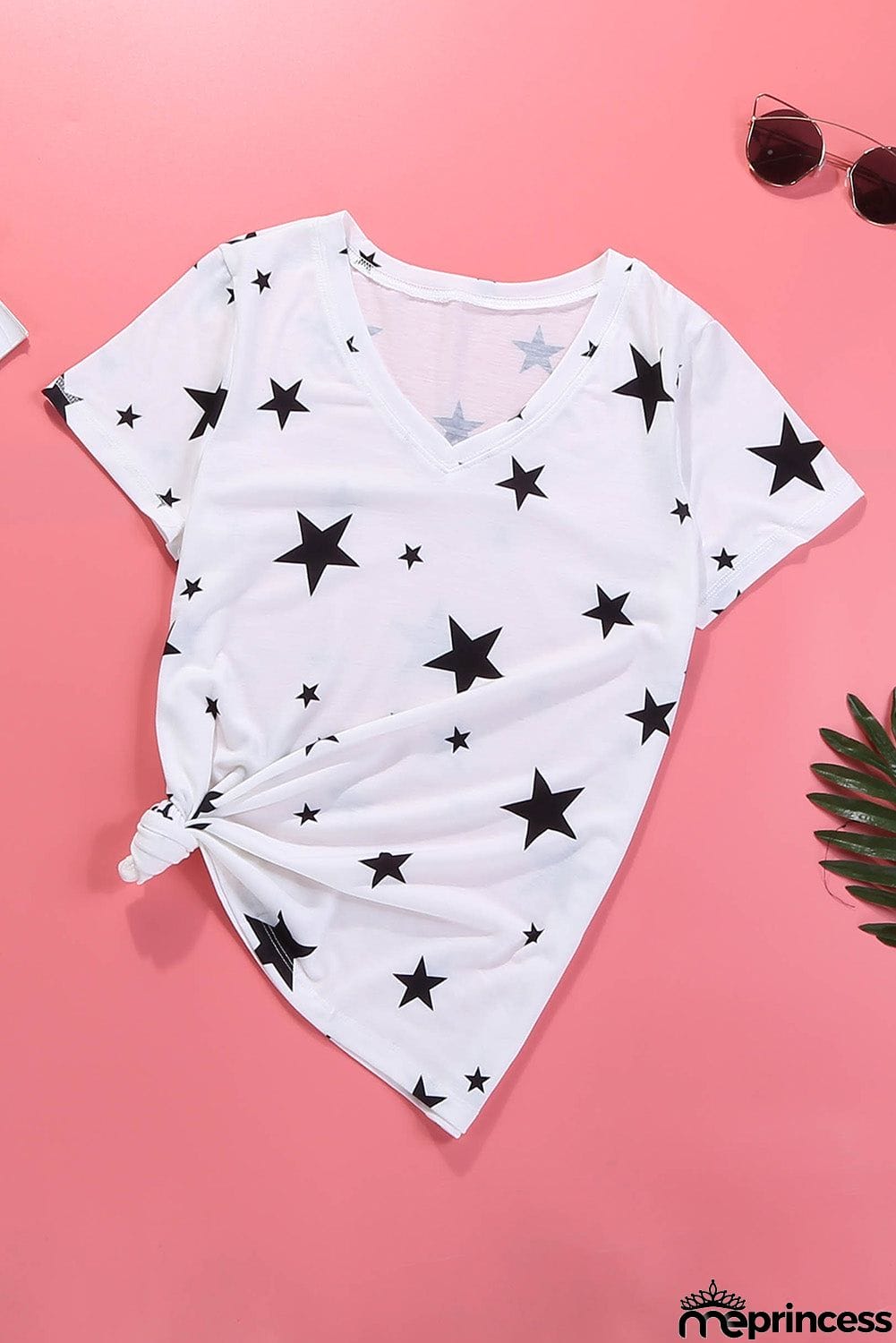 V Neck Stars Print Gray T-shirt