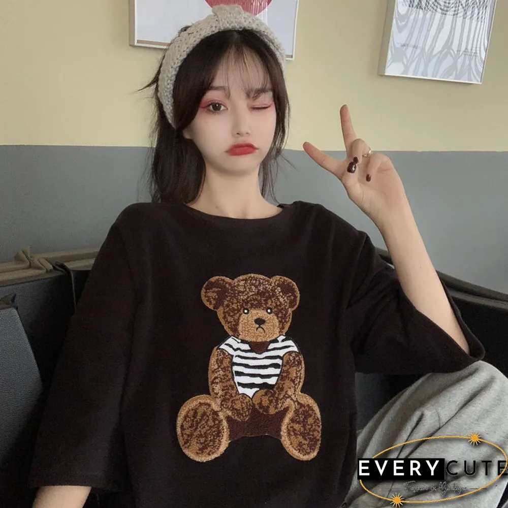 Harajuku Streetwear Oversized Women T-shirts Korean Cute Bear Half Sleeve Loose T-Shirt