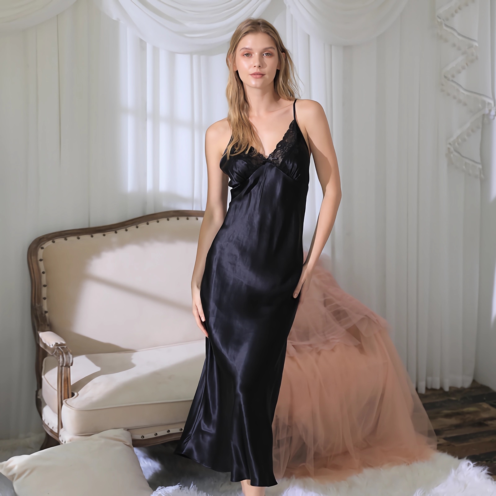 19 Momme Plain Color Elegant Long Silk Lace Nightgown REAL SILK LIFE