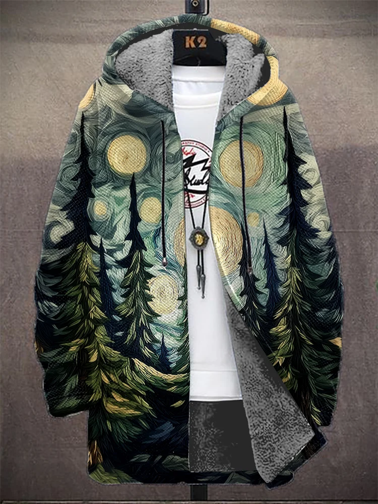 Men's Starry Night Natural Forest Felt Embroidery Print Hooded Trench Coat