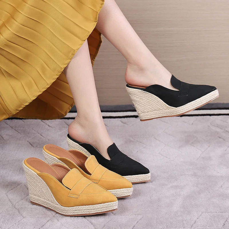 Wongn Wongn Spring And Autumn Pointed Slope With Thick Bottom With Baotou Drag Empty Women's Shoes Straw Hemp Rope Thick Bottom