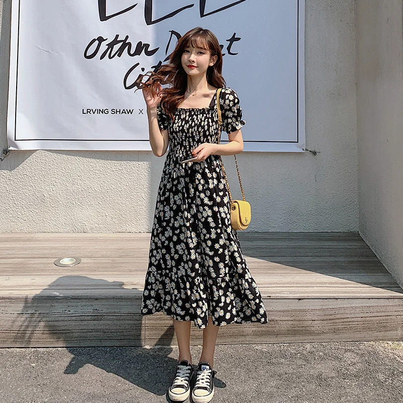 Dress Women Daisy-printing Elegant Various Design Square Collar Sweet Lady All-match Plus Size 4XL Leisure Holiday Girl Sundress