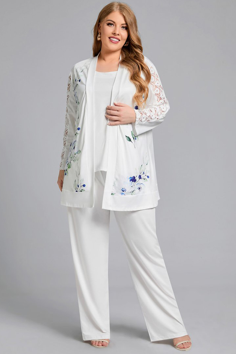 Flycurvy Plus Size Casual White Lace Stitching Print Three Pieces Set Pant Suits