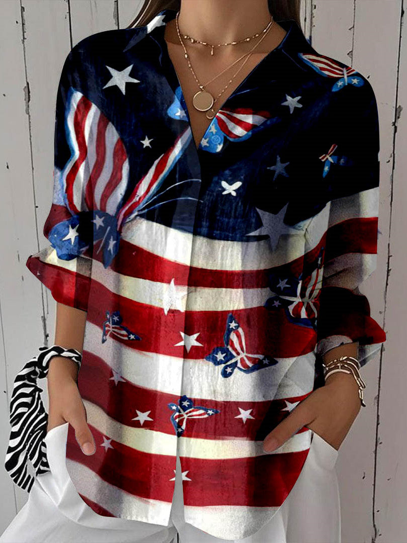 Women 3/4 Sleeve Shirt Collar National Flag Floral Printed Graphic Button Tops