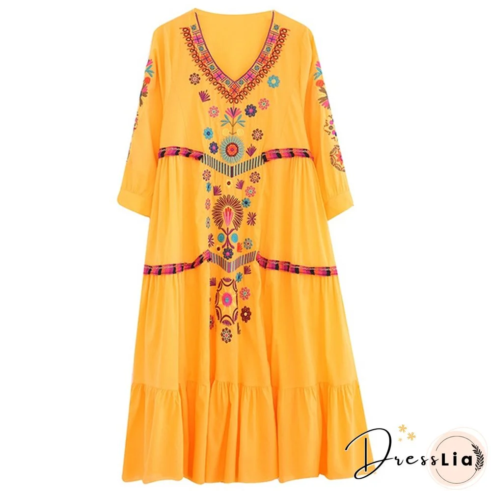 Women Dress Midi Linen Ethnic Floral Embroidery Tunic Beach Boho Holiday Hippie