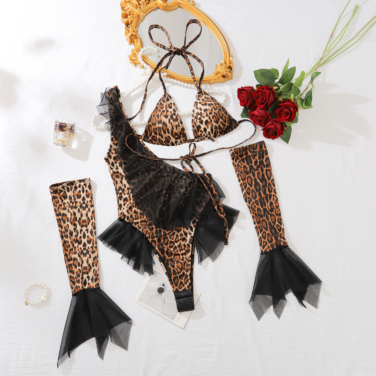 Lovingerie - Sexy Neck Hanging Leopard Print Glove Lingerie Set With Crotch Opening For Fun, Three Piece Set