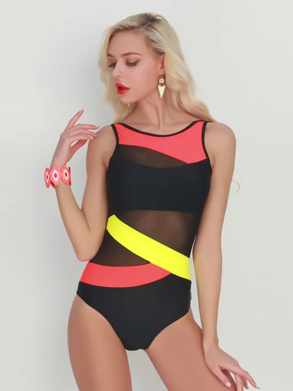 Sexy Contrast Color Split-Joint Mesh Sleeveless One-Piece Swimwear