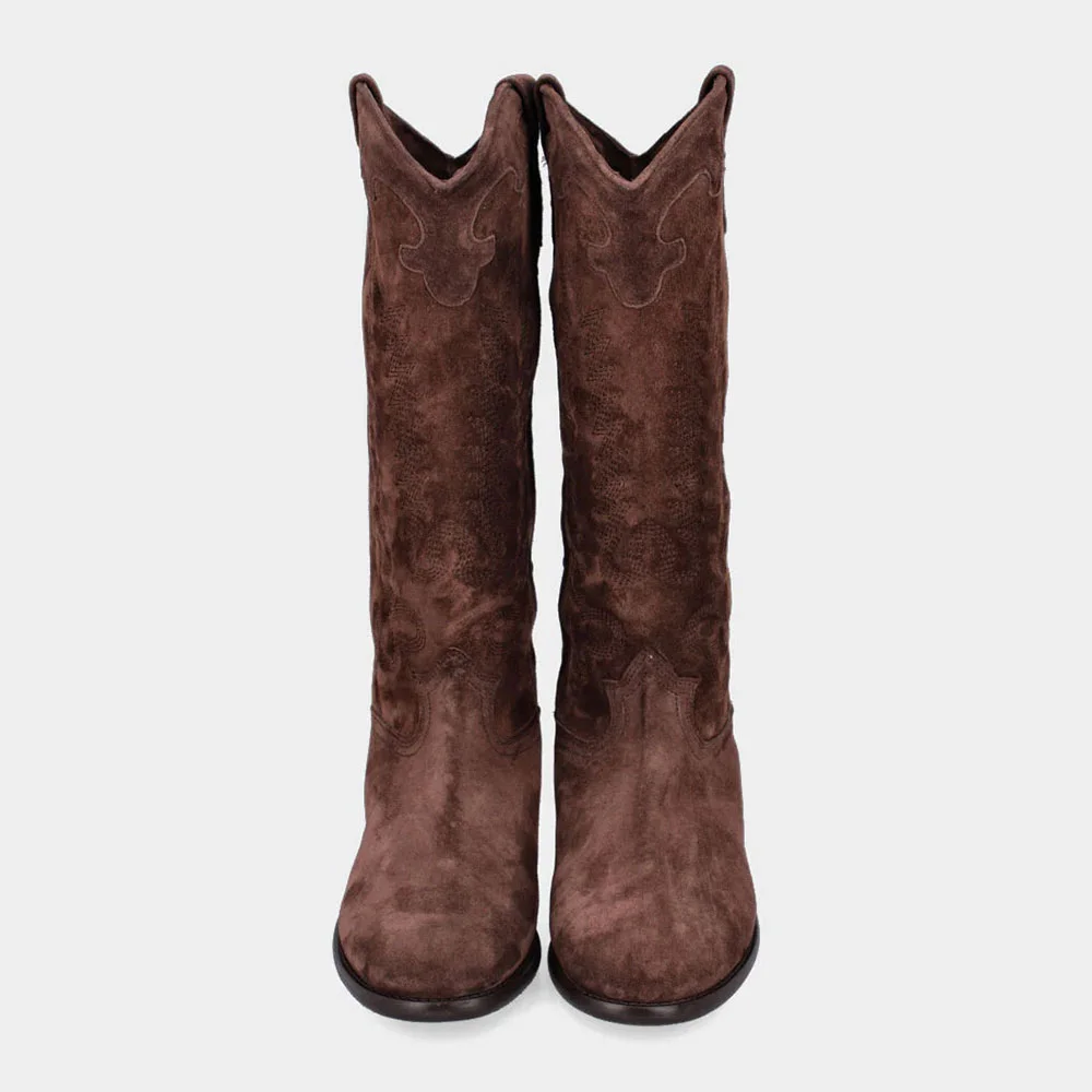 Brown Round Toe Low Chunky Heel Flame Embroidery Cowgirl Boots