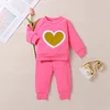 Baby Kid Girl Valentine  Pure Color Long Sleeve Love Suit 2 Pcs Set