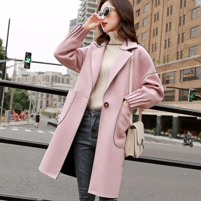Small tweed coat women's middle long spring Korean loose and thin woolen coat