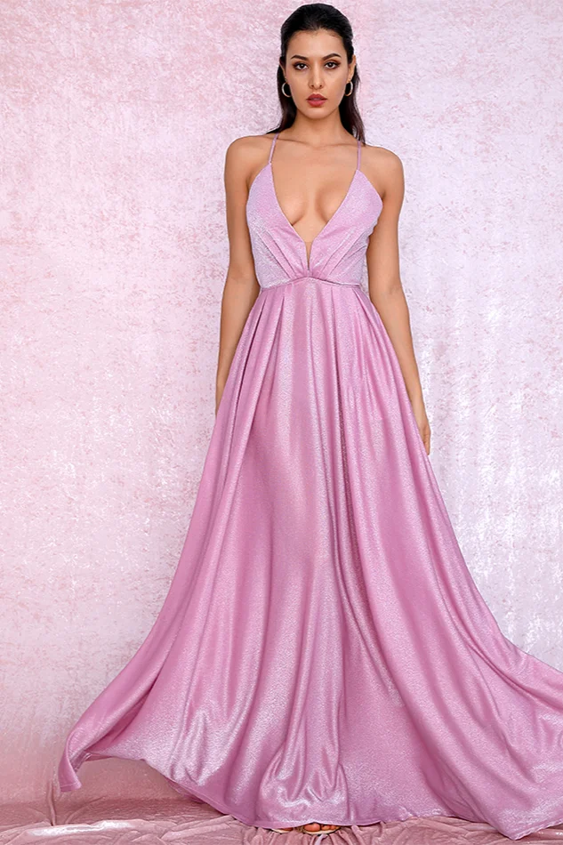 pink v-neck sleeveless long prom dress