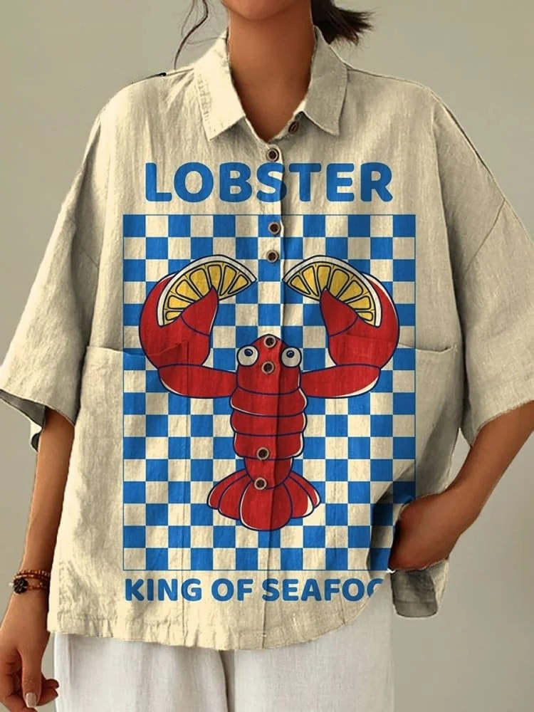 Women's Vintage Lovely Lobster Art Print Casual Cotton Linen Shirt