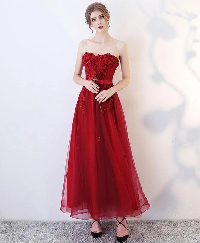 Burgundy Sweetheart Tulle Lace Tea Length Prom Dress