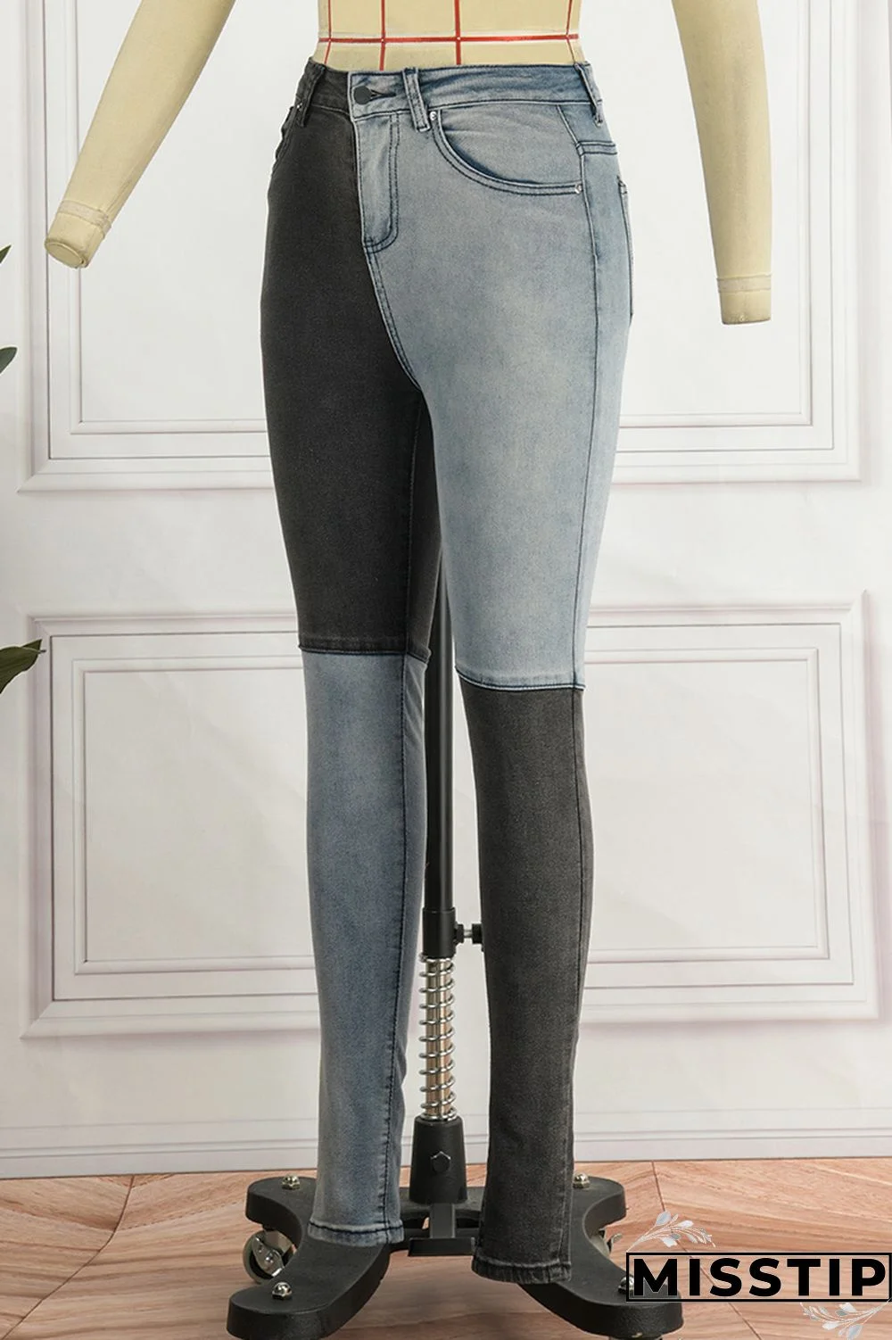 Black Casual Patchwork Contrast High Waist Regular Denim Jeans