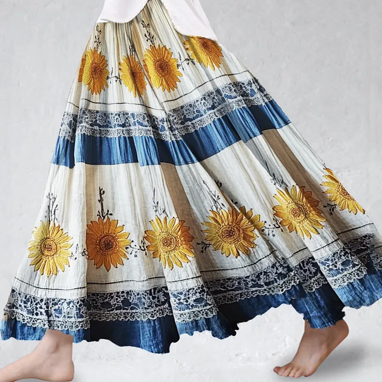 Boho Sunflowers Embroidered Lace Patchwork Flowy Wide Skirt