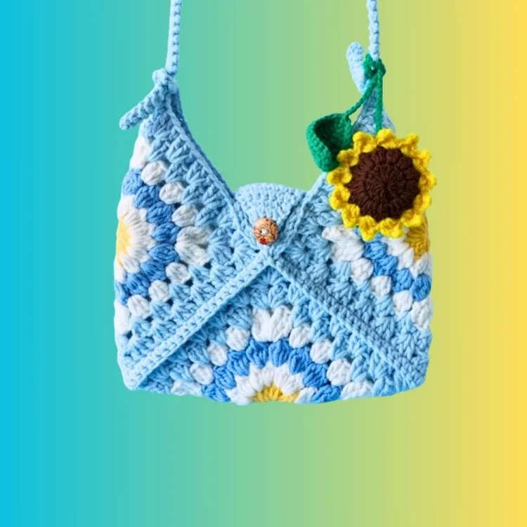 Lulusnow Handmade Blue Granny Square Small Shoulder Bag Crochet Bag