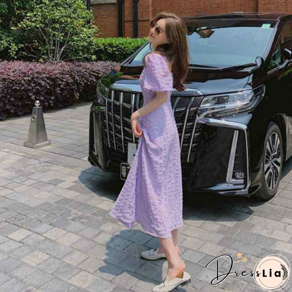 Short Sleeve Dress Women Summer Solid Purple Backless V-Neck Korean Sweet Style Vintage Elegant Female Design Stylish Slim Daily