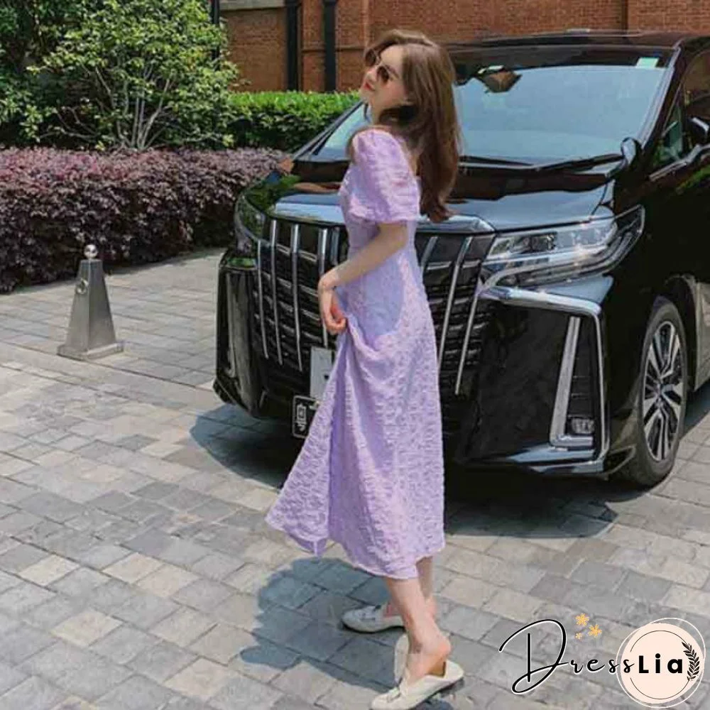 Short Sleeve Dress Women Summer Solid Purple Backless V-Neck Korean Sweet Style Vintage Elegant Female Design Stylish Slim Daily