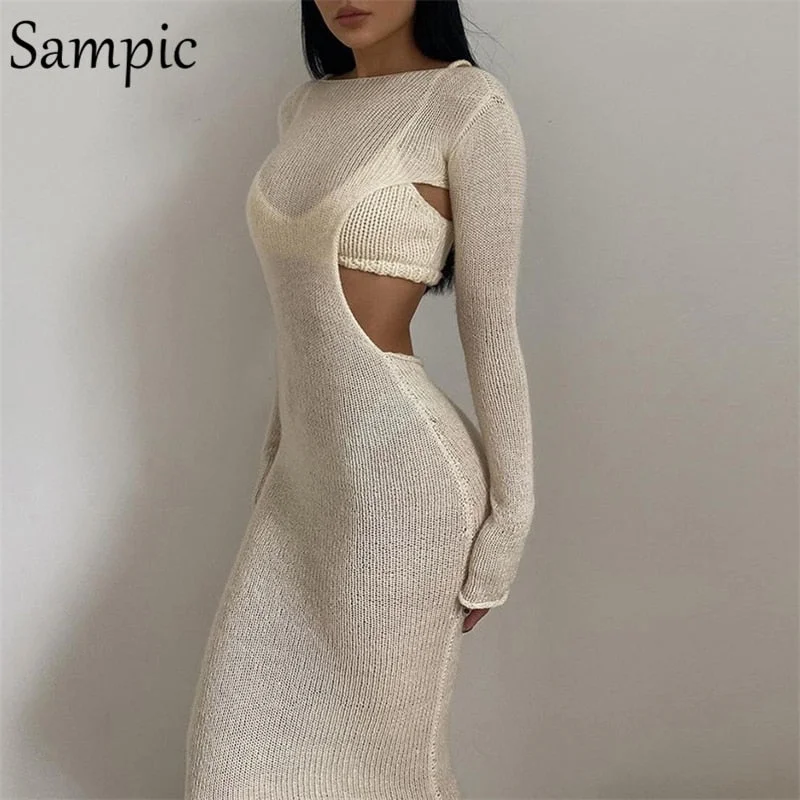 Sampic Two Piece O Neck Sexy Women Long Sleeve Knitted Autumn Winter 2021 Bodycon Dress Midi Party Club Hollow Out Wrap Dress