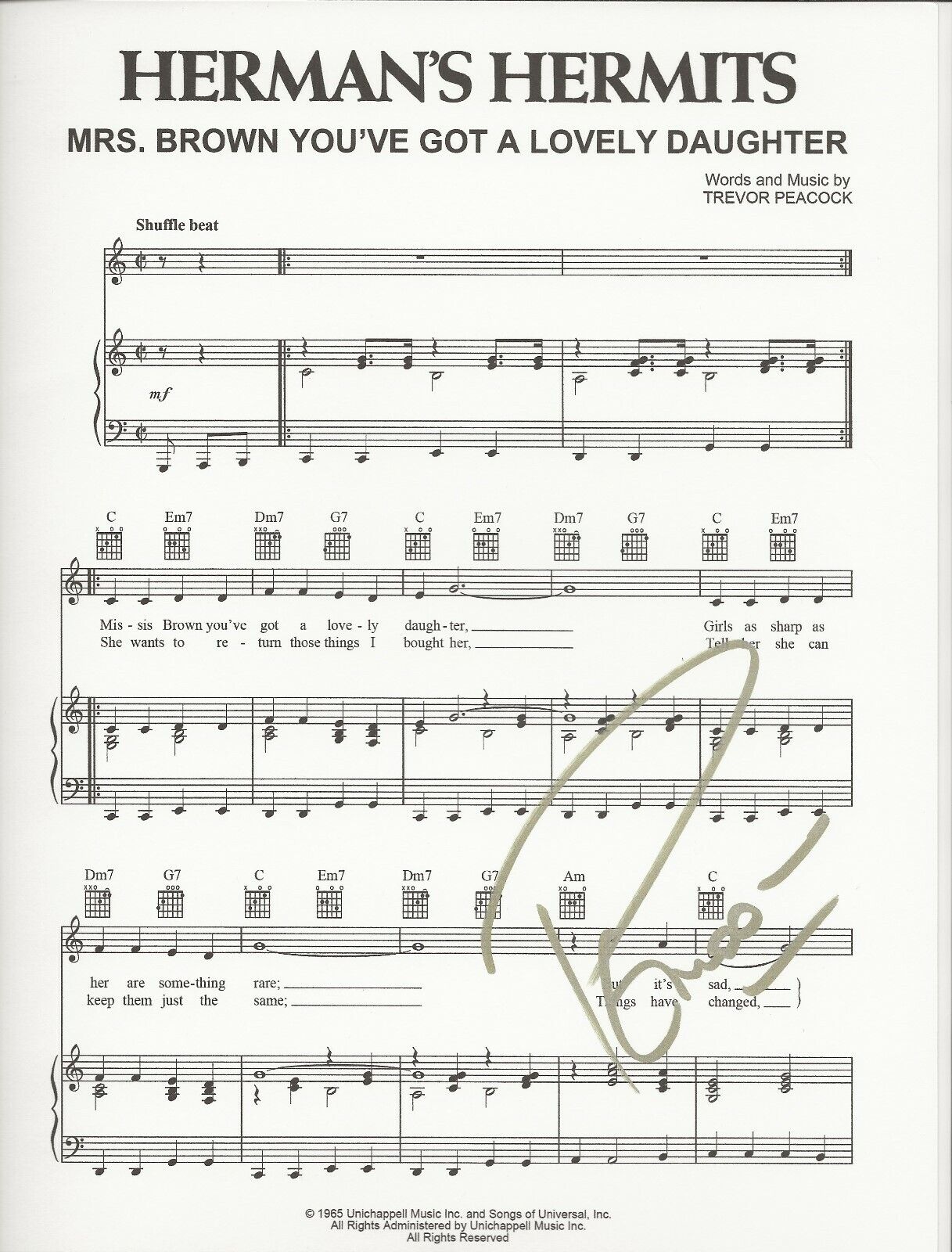 Peter Noone Herman's Hermits SIGNED Mrs Brown Lovely Daughter sheet music COA