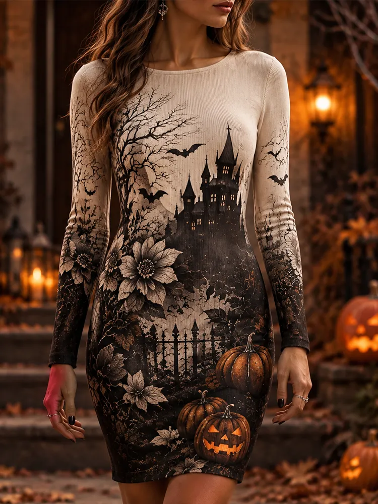 Comstylish Women's Halloween Castle, Bats & Pumpkins Graphic Long-sleeve Bodycon Dress