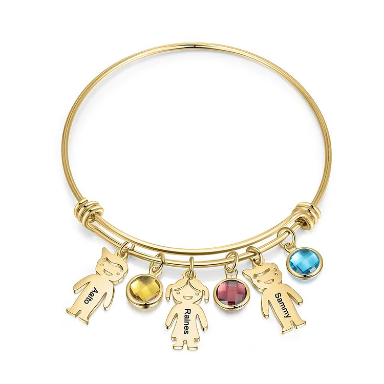 Women Bangle Bracelet with Kids Charms 3 Birthstones Engraved 3 Names