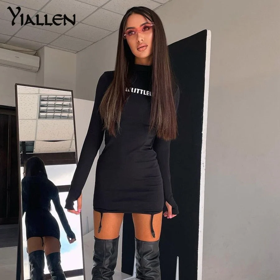 Yiallen Autumn Letter Print Skinny Mini Dress 2021 New Women Turtleneck Long Sleeve Stretchy Bodycon Solid Sexy Slim Streetwear
