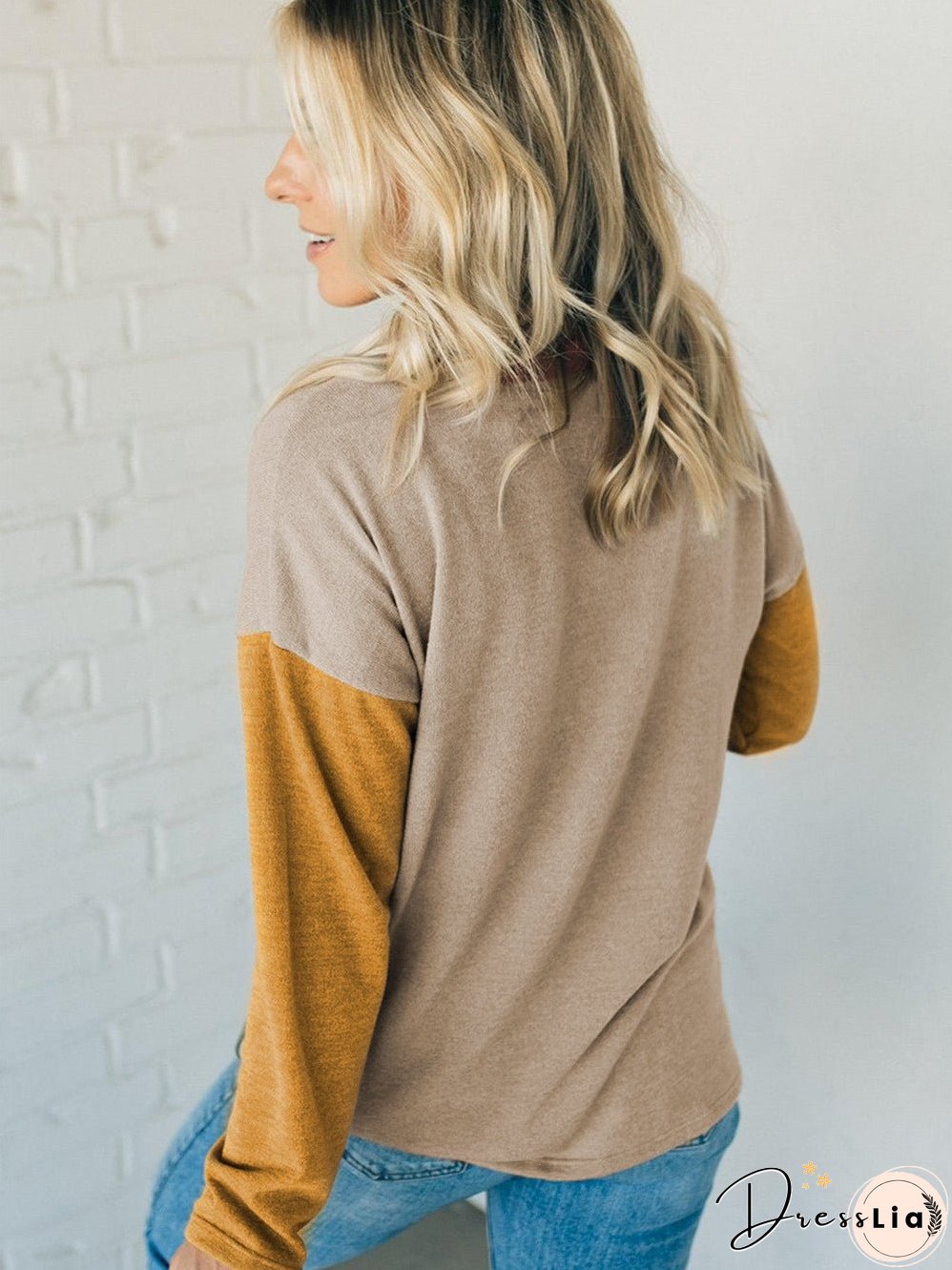 Light Beige French Seam Detail Colorblock Knit Top with Long Sleeves