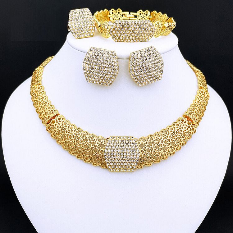 Dubai Gold Color Jewelry Set For Women Large Necklace Square Earrings Big Bracelet